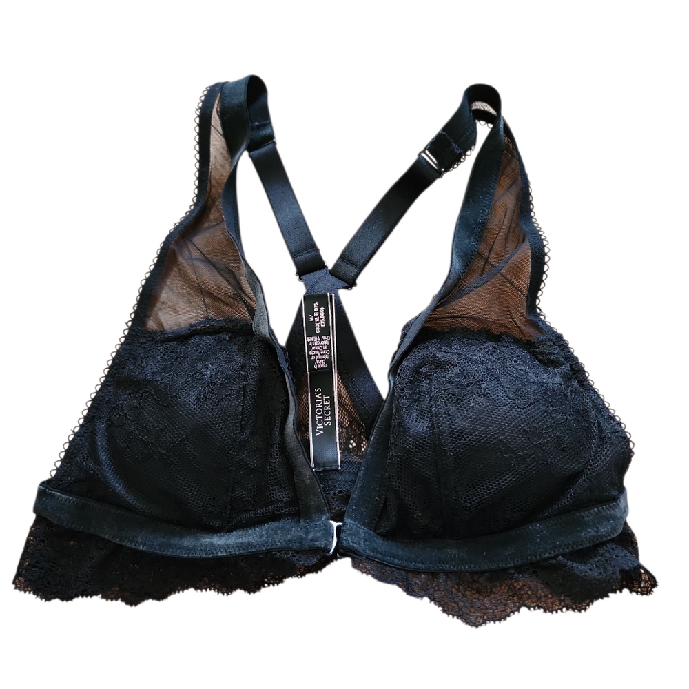 Victoria Secret Black Lace Velvet Front Hook Bralette Size‎ Medium